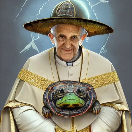 Prompt: regal papal pond turtle wearing a pope hat, D&D, fantasy, portrait, highly detailed, digital painting, trending on artstation, concept art, sharp focus, illustration, art by artgerm, greg rutkowski and magali villeneuve #pope francis #red ear slider turtle #vatican