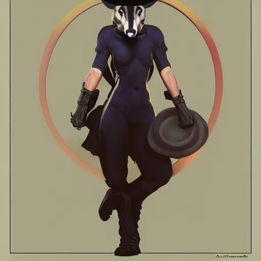 Prompt: a badger with a hat, centered full body pose, zenith angle, shadowy area, dramatic lighting, concept art, digital painting, Unreal Engine 5, 8K, art by artgerm and Greg Rutkowski and Alphonse Mucha