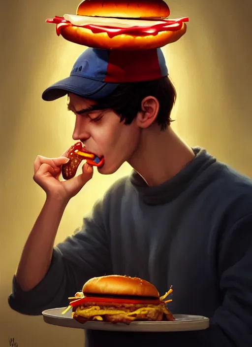 Image similar to portrait of jughead jones, eating a hamburger, wearing a crown, eyes closed, intricate, elegant, glowing lights, highly detailed, digital painting, artstation, concept art, smooth, sharp focus, illustration, art by wlop, mars ravelo and greg rutkowski