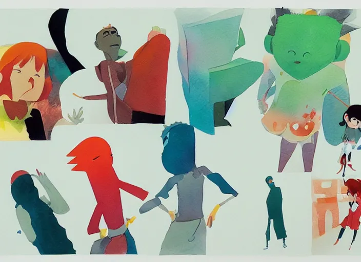 Image similar to studies of the protagonist by masaaki yuasa, pleasing palette watercolor and mixed media shape design