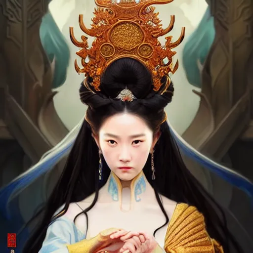 Image similar to ‘ a full portrait of two elegant Chinese princesses, kongfu fighting, D&D, blue eyes, fire hair, fantasy, intricate, elegant, highly detailed, digital painting, artstation, concept art, smooth, sharp focus, illustration, art by artgerm and greg rutkowski and alphonse mucha’