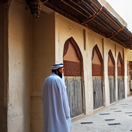 Prompt: Arab man near old mosque in old Arab city, dawn, hyper realistic, 4k, photo,