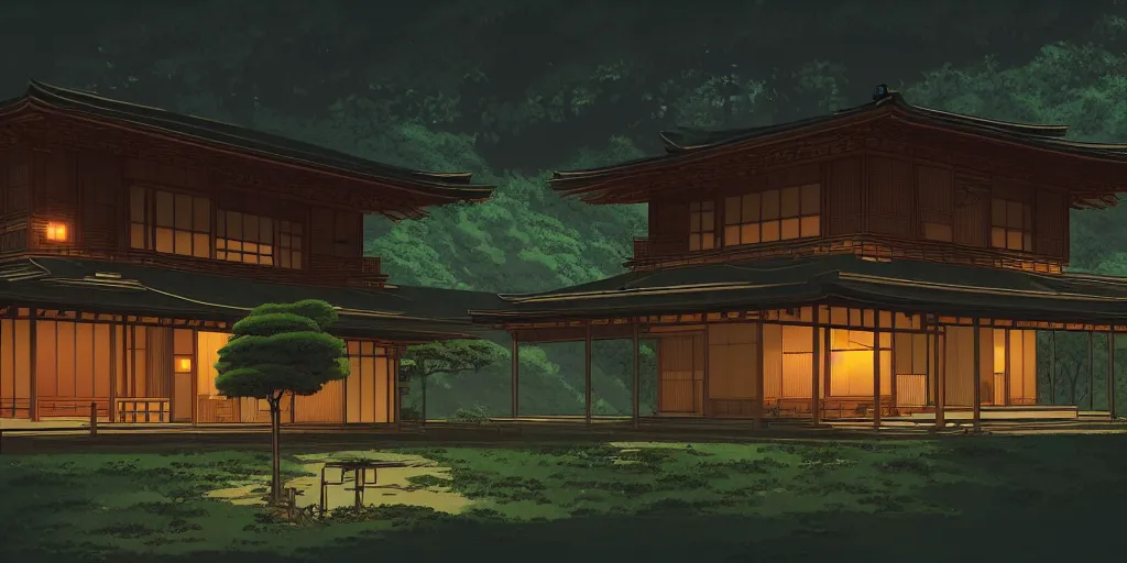 Image similar to twilight lighting, moody, atmospheric, solarpunk, old traditional japanese sleek modern mansion made of wood in a green garden, with a front porch, on the lonely hill by ghibli studio and victor ngai, ghost in the shell, akira, pixar highly detailed, 8 k h 5 7 6