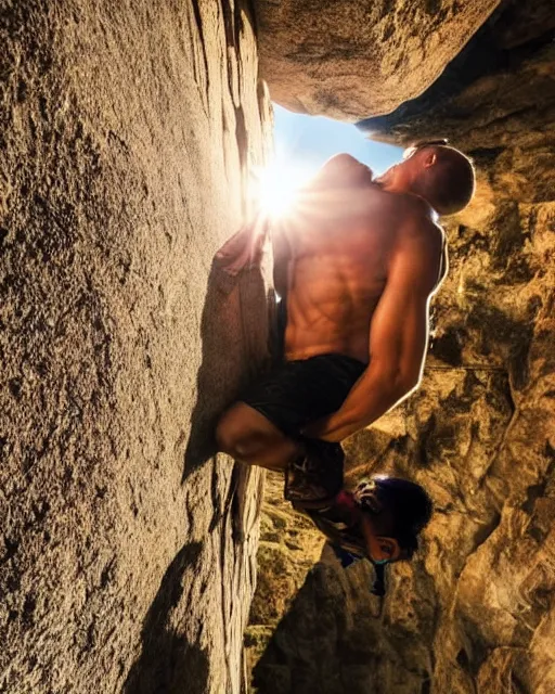 Prompt: climbing the belly of a giant monster, abdominal muscles like a rock wall, scaling a colossus, looking up at the tiny human climbing the monster, gorgeous view, sunset, sunshine rays