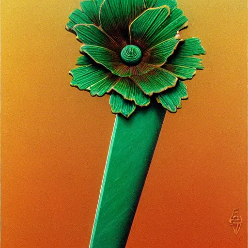 Image similar to a sword in the style of zdzisław beksinski, elegant, flower petals, copper and emerald