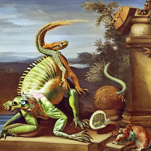 Prompt: iguana drinking tequila, baroque painting