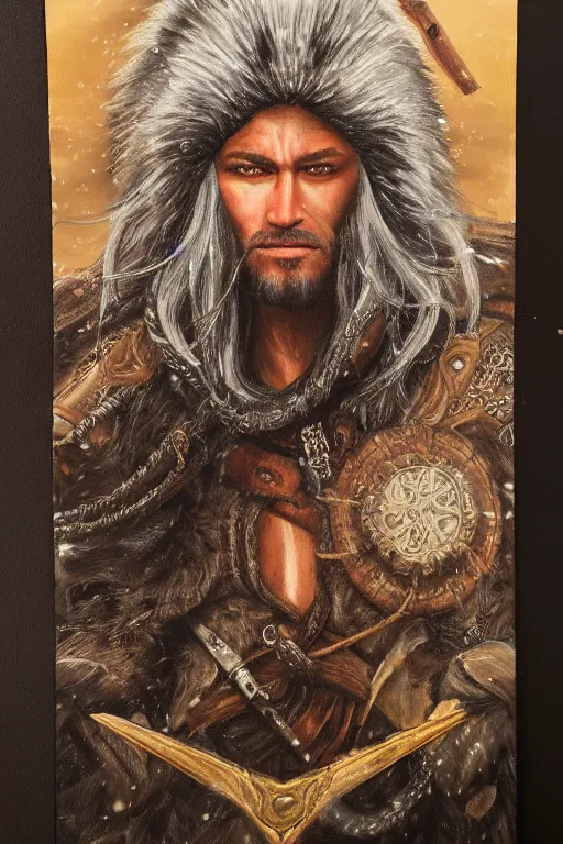 Image similar to oil portrait of winterwolf the god of gunslingers, epic, cinematic, highly detailed