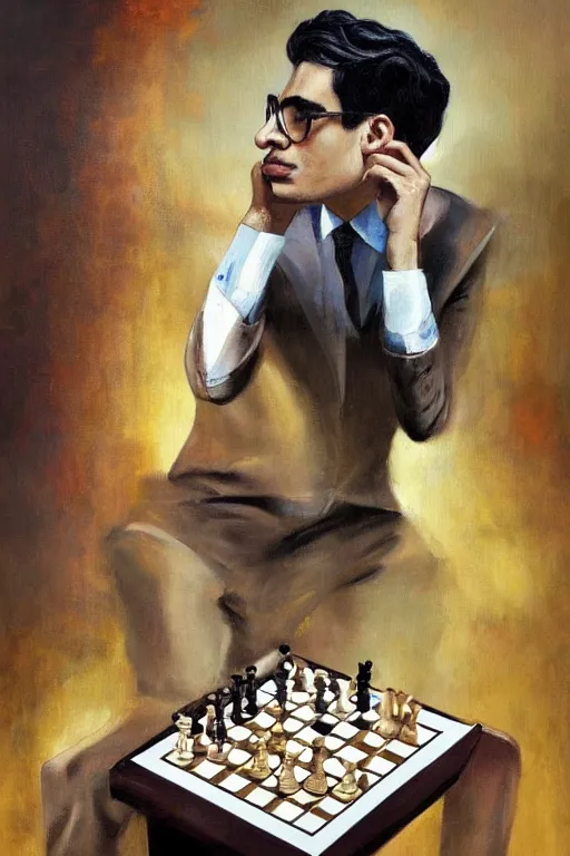 a painting of anish giri pondering over a chess board,, Stable Diffusion