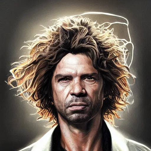 Image similar to a portrait of michael hutchence as a wizard, upper half portrait, urban motifs, intricate, elegant, highly detailed, digital painting, trending on artstation, concept art, smooth sharp focus, illustration, art by artgerm and greg rutkowski