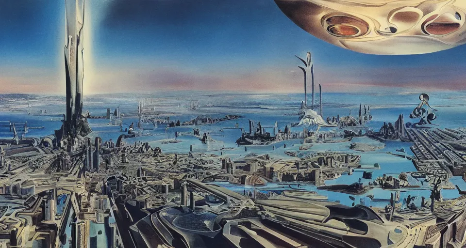 Prompt: view on futuristic city in the horizon, illustration by salvador dali, detailed, sharp, 8 k