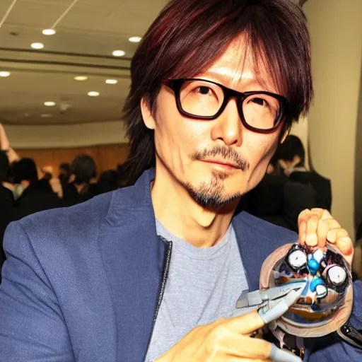Prompt: Hideo Kojima holding a beyblade in his hand