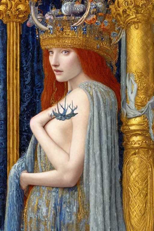 Image similar to coronation portrait of the ice queen, by Donato Giancola and John Bauer and John William Godward and Vermeer, embroidered velvet, iridescent beetles, rich color, ornate headdress, flowing robes, lost runes, ancient civilizations,featured on Artstation, cgisociety, unreal engine, extremely detailed