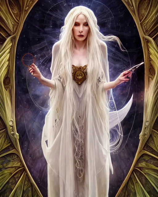 Image similar to realistic wide angle portrait of a beautiful white witch, standing, crafting spells, bright witch, beautiful face, fantasy, chaos, magic, dark magic, dramatic lighting, intricate, wild, highly detailed, digital painting, artstation, concept art, smooth, sharp focus, illustration, art by artgerm and greg rutkowski and alphonse mucha, footage from space camera