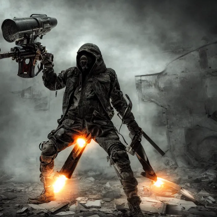 Image similar to gritty hooded apocalyptic man firing laser in destroyed airport, hyper - detailed, smooth, sharp focus, 4 k ultra hd, fantasy dark art, apocalyptic art