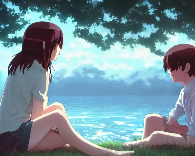 Image similar to a boy and a girl with long flowing auburn hair, boy has short black hair, sitting together in one single boat. Atmospheric lighting, long shot, romantic, boy and girl are the focus, trees, blue water. Anime. By Makoto Shinkai, Stanley Artgerm Lau, WLOP, Rossdraws, James Jean, Andrei Riabovitchev, Marc Simonetti, krenz cushart, Sakimichan, D&D trending on ArtStation, digital art.