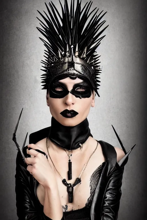 Image similar to a genderqueer iranian woman in a black leather outfit with spikes on her head, a high fashion character portrait by christen dalsgaard, featured on behance, gothic art, androgynous, genderless, gothic