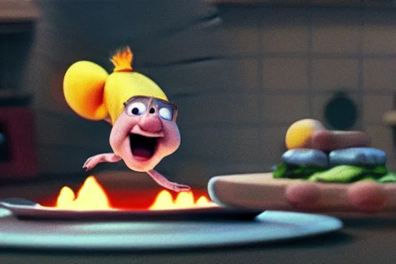 Prompt: “ very very high quality pixar movie screenshot of a tiny human on top of a gigantic rat cooking in the kitchen, rendered in octane 8 k with detailed cinematic lighting and shading, award - winning crisp details ”
