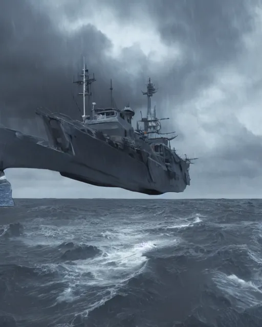 Prompt: establishing shot of a fishing boat on stormy seas, a gigantic star destroyer spaceship flying overhead, stormy weather, unreal engine, hyper realism, realistic shading, cinematic composition, realistic render, octane render, detailed textures, photorealistic, ultrawide shot, 16mm lens