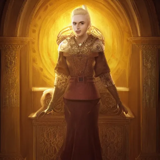 Image similar to the elder scrolls vi, majestic, gracious regal blonde female nord jarl portrait, palatial garden mysterious, mysterious atmospheric lighting, painted, intricate, volumetric lighting, beautiful, rich deep colours masterpiece, golden hour, golden ratio, sharp focus, ultra detailed, by mark kent, jordan lamarre - wan, igor kieryluk, maxim verehin, miranda meeks