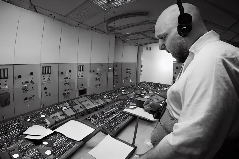 Image similar to heavyset bald man wearing a white shortsleeved shirt and blue jeans working in a nuclear silo control room by Emmanuel Lubezki