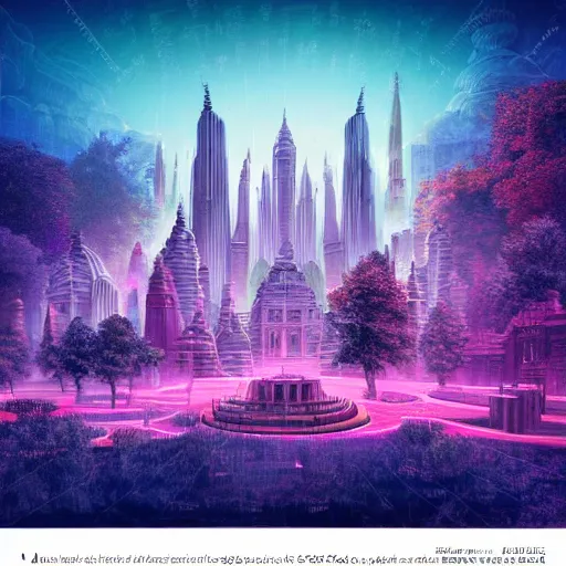 Image similar to mystical realistic poster with shaded lighting by arjun brooklyn radiant light, detailed and complex environment, solace, beautiful, utopic astral city in the sky with many buildings and temples reflecting an modern city on the ground with old growth pine trees, overlaid sacred geometry, with implied lines, gradient of hot pink and neon baby blue