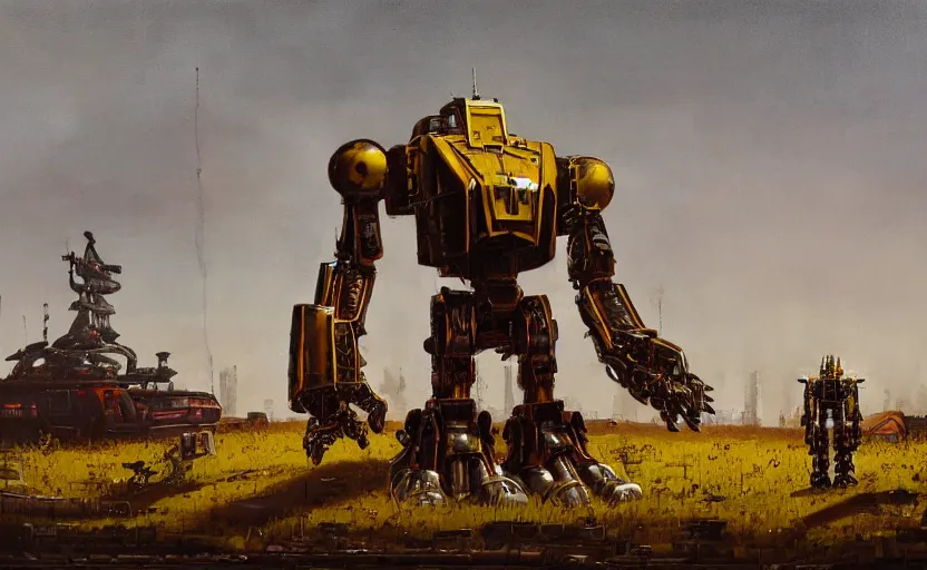 Image similar to an intricate oil painting of a giant armored plated metal mecha by simon stalenhag, rust, yellow and black trim