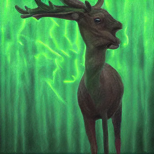 Image similar to a woman facing a giant deer made of green fire, digital art, complex brushstrokes, soft contrast