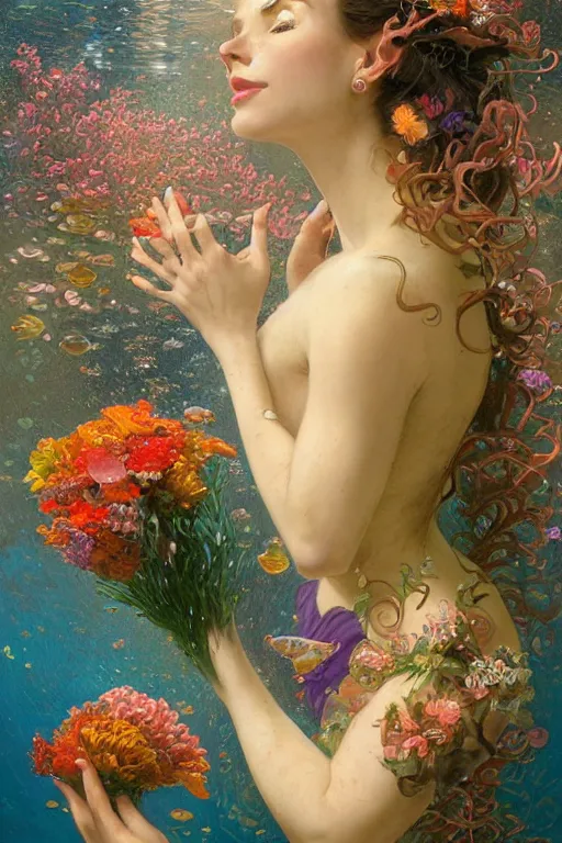 Image similar to portrait of a beautiful mysterious woman holding a bouquet of flowing flowers, small bubbles from her mouth, hands hidden under the bouquet, submerged underwater filled with colorful small fish and coral reef, fantasy, regal, intricate, by stanley artgerm lau, greg rutkowski, thomas kindkade, alphonse mucha, loish, norman rockwell