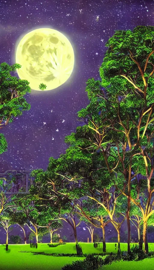 Image similar to a city park at night in Merida Yucatan Mexico with Ceiba trees and a full moon. fantasy illustration