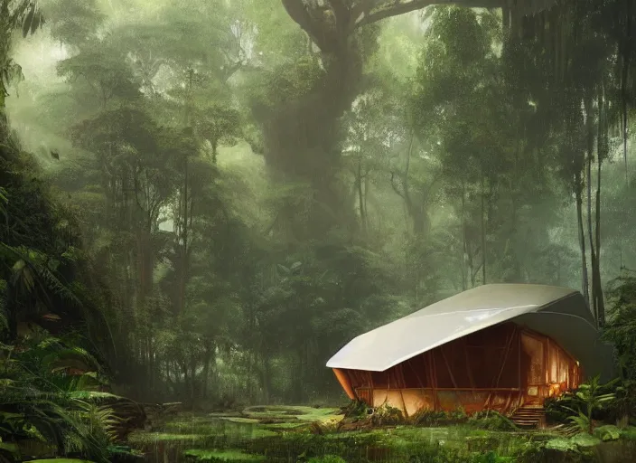 Image similar to a beautiful painting of a geodesic house in a moist tropical rainforest, by greg rutkowski, realism, artstation, nature