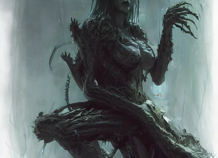 Prompt: my bed giant girl cthulhu in the dark forest greg rutkowski, yoji shinkawa, yoshitaka amano, tsutomu niehi, moebius, donato giancola, geoffroy thoorens, concept art, trending on artstation, featured on pixiv, cinematic composition, 8 k