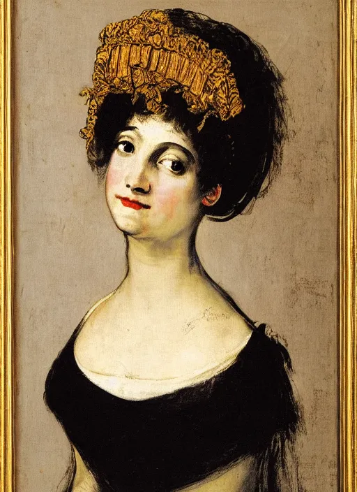 Image similar to portrait of young woman in renaissance dress and renaissance headdress, art by francisco goya