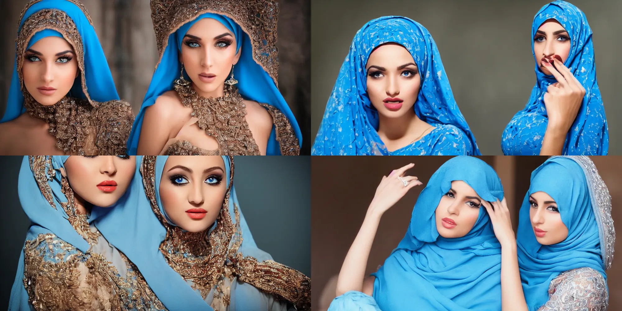 Prompt: a gorgeous muslim women with pretty blue eyes in a dress, cinematic