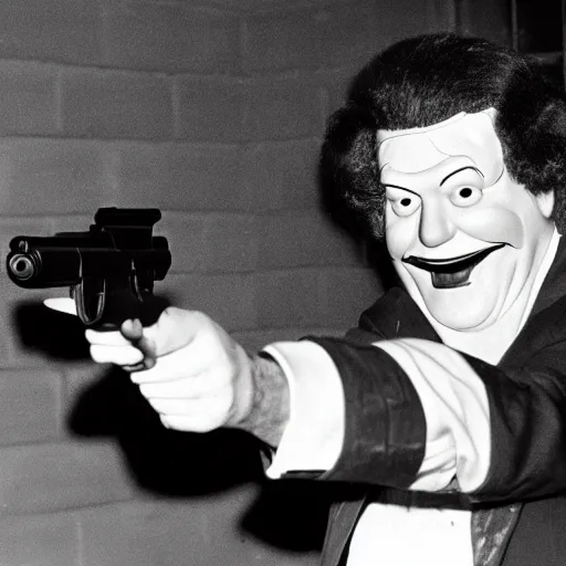 Prompt: Ronald Mcdonald pointing a gun at the camera