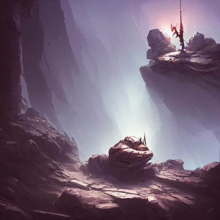 Image similar to Excalibur stuck in rocks, concept art in the style of Diego Gisbert Llorens, dramatic lighting, highly stylized, trending on artstation, high-quality wallpaper, desktopography