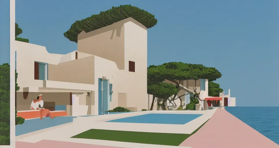 Image similar to modern villa, italian seaside, hiroshi nagai