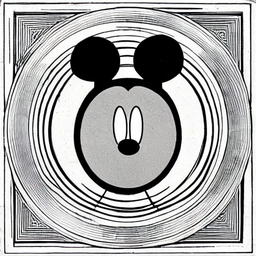 Image similar to Mickey Mouse face with three eyes, symmetrical, 1930's illustration