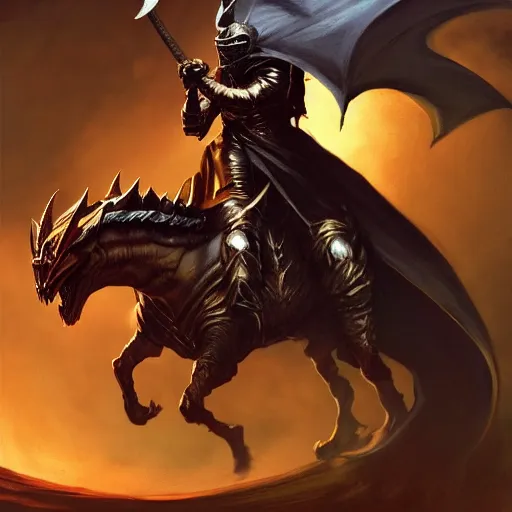 Image similar to hooded knight riding a wyvern by frank frazetta, flowing cape, dynamic pose, chiaroscuro, fantasy, very detailed, dungeons & dragons, sharp focus, striking, artstation contest winner, detailed