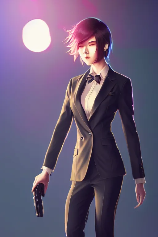 Image similar to a woman in a suit on a beautiful night inspired by ross tran and wlop and masamune shirow and kuvshinov, concept art, intricate, photorealistic, octane render, rtx, hdr, unreal engine, dnd digital art by artgerm