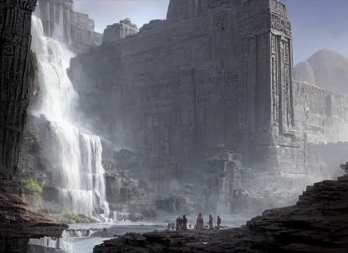 Image similar to Very tall waterfall + colossal Egyptian temples carved into the side of subterranean rocky cliffs + height perspective insanely detailed, intricate, epic lighting, cinematic composition, hyper realistic, Craig Mullins