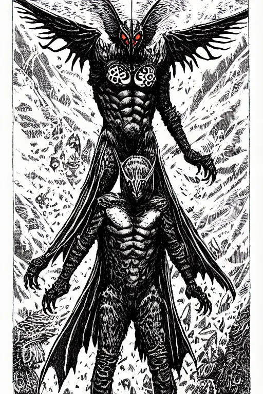 Image similar to mothman as a d & d monster, full body, pen - and - ink illustration, etching, by russ nicholson, david a trampier, larry elmore, 1 9 8 1, hq scan, intricate details, inside stylized border