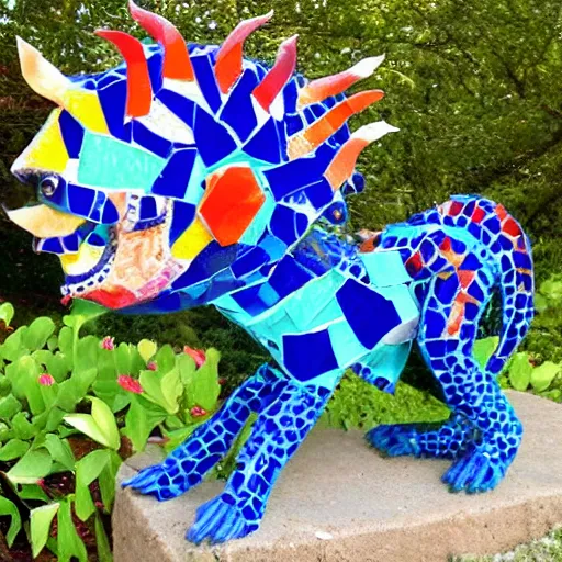 Image similar to mosaic sculpture of a alebrije chimera!!!, irregularly shaped mosaic tiles, hand glazed pottery shards, in the style of folk art, in a cottagecore flower garden