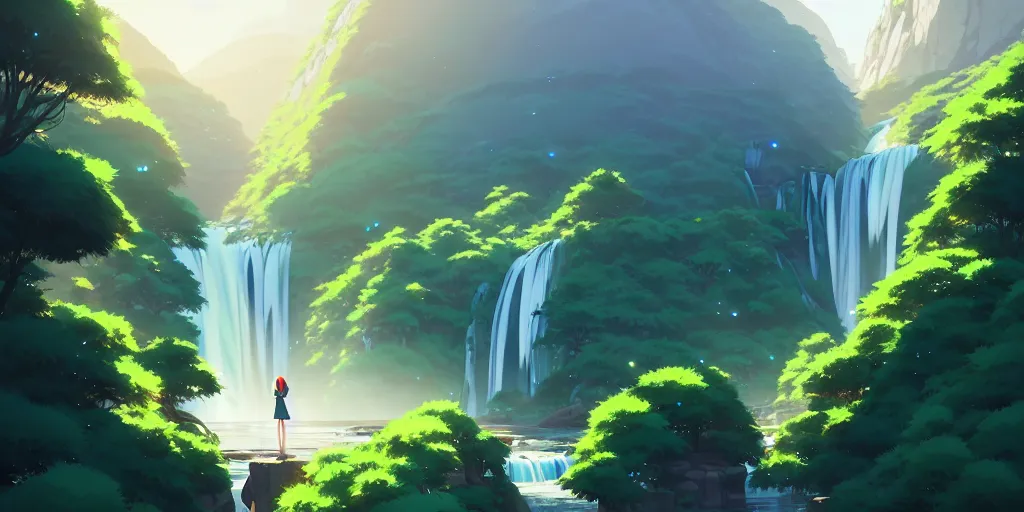 Image similar to evergreen valley, several waterfalls, ancient marble city, tall buildings, landscape, by makoto shinkai and lois van baarle, ilya kuvshinov, rossdraws, tom bagshaw, global illumination, morning light, radiant light, bird's eye view