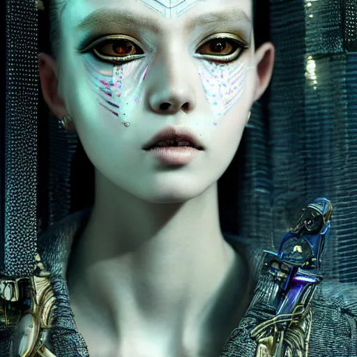 Image similar to the portrait of an absurdly beautiful, graceful, sophisticated, fashionable cyberpunk gravure idol, an ultrafine hyperdetailed illustration by kim jung gi, irakli nadar, matt wisniewski, tribal makeup, intricate linework, iridescent wiring, porcelain skin, unreal engine 5 highly rendered, global illumination, radiant light, detailed and intricate environment