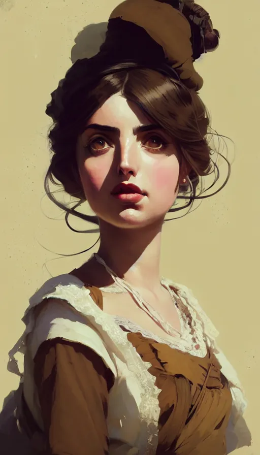 Image similar to hyper - realistic portrait of a ana de armas as a victorian lady by atey ghailan, by greg rutkowski, by greg tocchini, by james gilleard, by joe fenton, by kaethe butcher, dynamic lighting, gradient light yellow, brown, blonde cream and white color scheme, grunge aesthetic