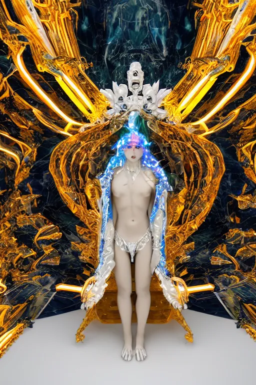 Image similar to photo of fullbody rococo and cyberpunk delicate neon crystalline sculpture of seductive muscular onyx albino marble prince camilo echeverry teal iridescent humanoid deity wearing yellow plastic hooded cloak holding an onyx skull in a onyx space dungeon, reclining, glowing yellow face, crown of white diamonds, cinematic lighting, photorealistic, octane render 8 k depth of field 3 d