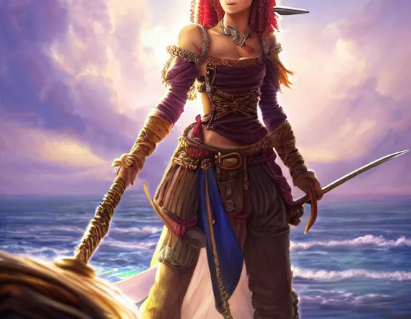 Image similar to painting of an old pirate queen standing on her ship. she is kind, wise, fierce. her swords are at her side. a young girl stands next to her, smiling. lush detail and color. fantasy, anime illustration, intricate, sharp focus, 8 k resolution, frostnine engine