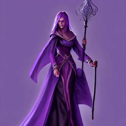 Image similar to a woman in a purple dress holding a staff and dark magic, magical concept art, artstation contest winner, fantasy art, dark and mysterious, artstation hd, detailed, 8 k, digital art