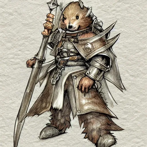 Image similar to heroic character design of anthropomorphic beaver, whimsical beaver, portrait of face, holy crusader medieval, final fantasy tactics character design, character art, whimsical, lighthearted, colorized pencil sketch, highly detailed, Akihiko Yoshida,