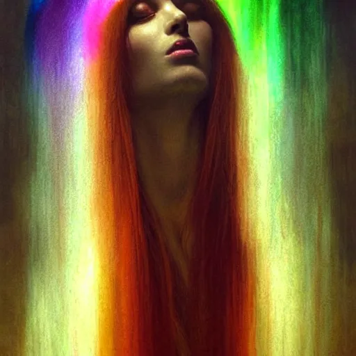 Prompt: a beautiful rainbow queen being watched by a being of darkness, diffuse lighting, fantasy, intricate , elegant, highly detailed, lifelike, photorealistic, digital painting, artstation, illustration, concept art, smooth, sharp focus, art by John Collier and Albert Aublet and Leonardo da vinci and Krenz Cushart and Artem Demura and Alphonse Mucha-H 704